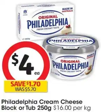 Coles Philadelphia Cream Cheese Block or Tub 250g offer