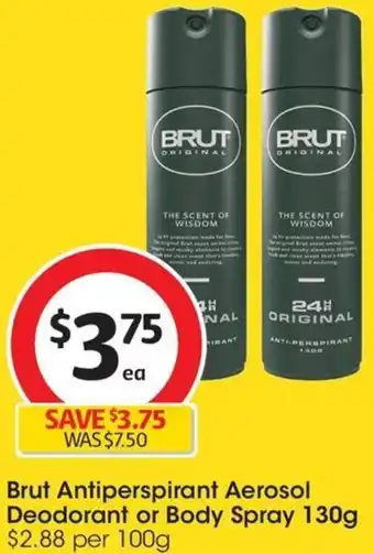 Coles Brut Antiperspirant Aerosol Deodorant or Body Spray 130g offer