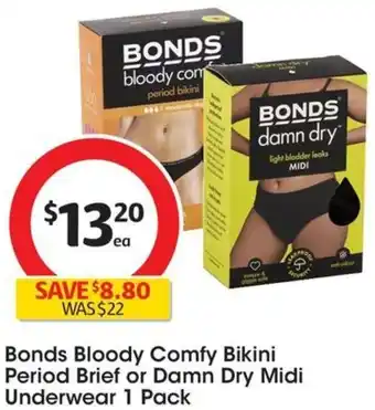 Coles Bonds Bloody Comfy Bikini Period Brief or Damn Dry Midi Underwear 1 Pack offer
