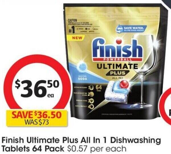 Finish Ultimate Plus All In 1 Dishwashing Tablets 64 Pack offer at Coles