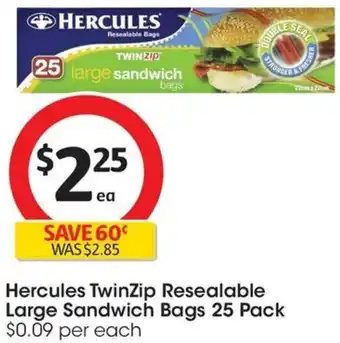 Coles Hercules TwinZip Resealable Large Sandwich Bags 25 Pack offer
