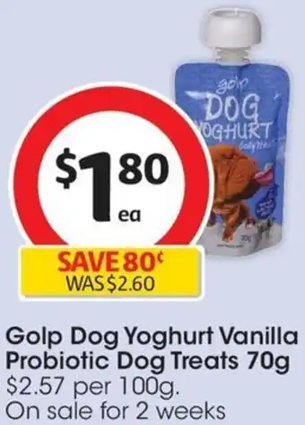 Coles Golp Dog Yoghurt Vanilla Probiotic Dog Treats 70g offer