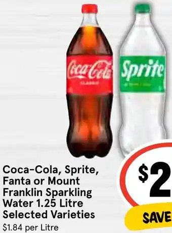 IGA Coca-Cola, Sprite, Fanta or Mount Franklin Sparkling Water 1.25 Litre offer