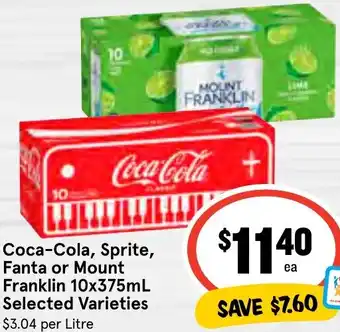 IGA Coca-Cola, Sprite, Fanta or Mount Franklin 10x375mL offer