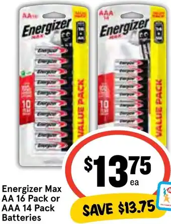 IGA Energizer Max AA 16 Pack or AAA 14 Pack Batteries offer