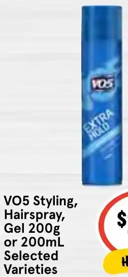 IGA VO5 Styling, Hairspray, Gel 200g or 200mL offer