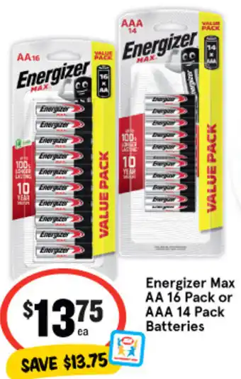 IGA Energizer Max AA 16 Pack or AAA 14 Pack Batteries offer