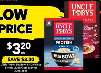 Drakes Uncle Tobys Big Bowl or Delicious Blends Quick Oats Sachets 320g-368g offer