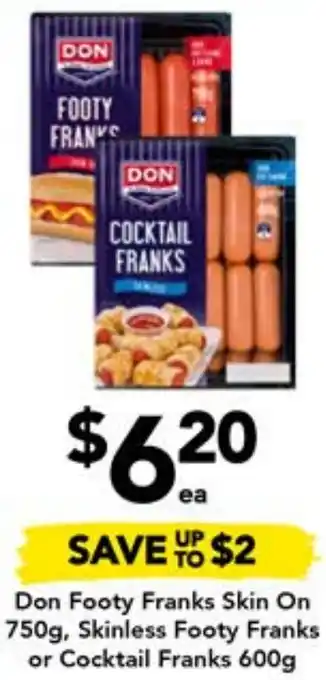 Drakes Don Footy Franks Skin On 750g, Skinless Footy Franks or Cocktail Franks 600g offer