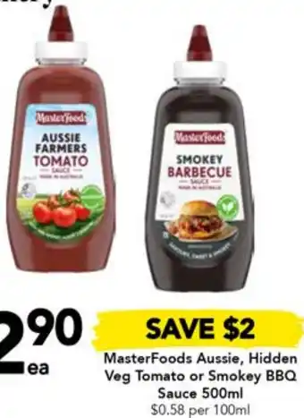 Drakes MasterFoods Aussie, Hidden Veg Tomato or Smokey BBQ Sauce 500ml offer