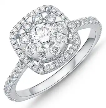 Memoire 18ct white gold 0.60 carat diamond bouquet cushion halo solitaire ring
