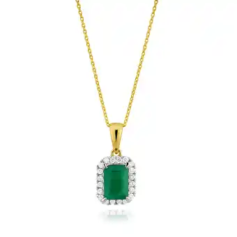 Grahams Jewellers 9ct yellow gold natural emerald 7x5mm and diamond pendant with 45cm chain offer