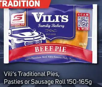 Foodland Vili's Traditional Pies, Pasties or Sausage Roll 150-165g offer