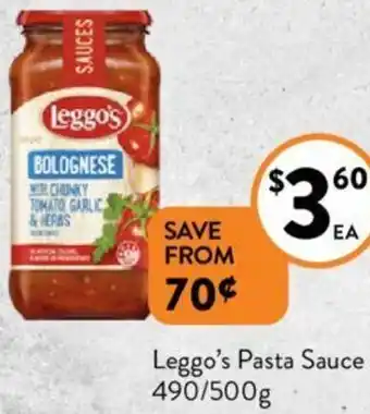 Foodworks Leggo's Pasta Sauce 490/500g offer