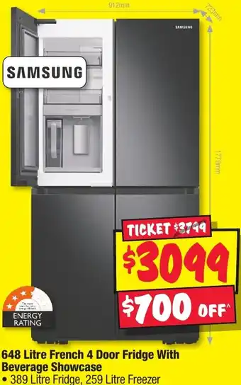 JB Hi-Fi 648 Litre French 4 Door Fridge With Beverage Showcase offer