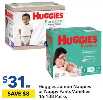 Ritchies Huggies Jumbo Nappies or Nappy Pants Varieties 46-108 Packs offer