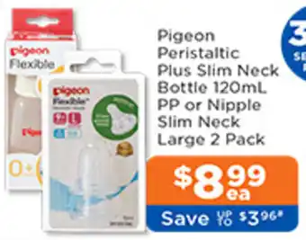 Good Price Pharmacy Pigeon Peristaltic Plus Slim Neck Bottle 120mL PP or Nipple Slim Neck Large 2 Pack offer