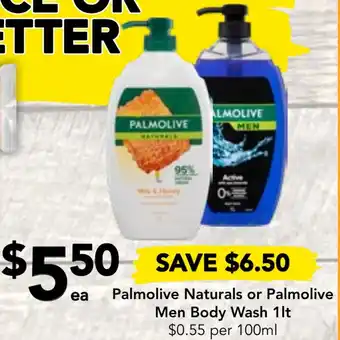 Palmolive Naturals or Palmolive Men Body Wash 1L