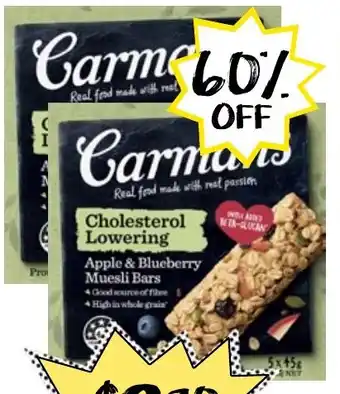 Drakes Carman's Cholesterol Lowering Apple & Blueberry Muesli Bars 5 Pack 225g offer