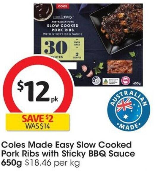 Coles Made Easy Slow Cooked Pork Ribs with Sticky BBQ Sauce 650g offer