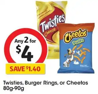 Coles Twisties, Burger Rings, or Cheetos 80g-90g offer