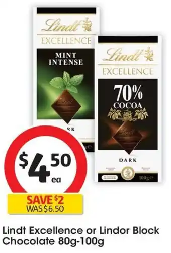 Coles Lindt Excellence or Lindor Block Chocolate 80g-100g offer