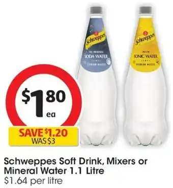 Coles Schweppes Soft Drink, Mixers or Mineral Water 1.1 Litre offer