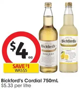 Coles Bickford's Cordial 750mL offer