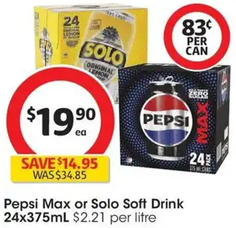 Coles Pepsi Max or Solo Soft Drink 24x375mL offer