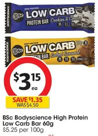 Coles BSc Bodyscience High Protein Low Carb Bar 60g offer