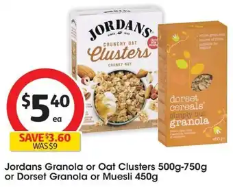 Coles Jordans Granola or Oat Clusters 500g-750g or Dorset Granola or Muesli 450g offer