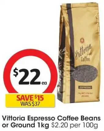 Coles Vittoria Espresso Coffee Beans or Ground 1kg offer