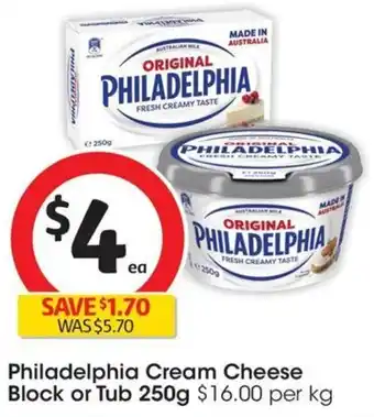 Coles Philadelphia Cream Cheese Block or Tub 250g offer