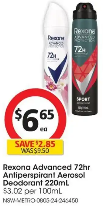 Coles Rexona Advanced 72hr Antiperspirant Aerosol Deodorant 220mL offer