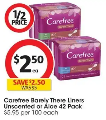 Coles Carefree Barely There Liners Unscented or Aloe 42 Pack offer