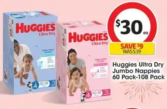 Coles Huggies Ultra Dry Jumbo Nappies 60 Pack-108 Pack offer