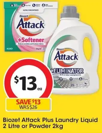 Coles Biozet Attack Plus Laundry Liquid 2 Litre or Powder 2kg offer