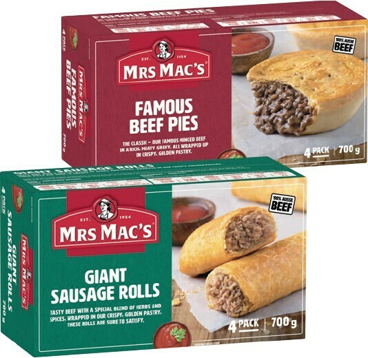 Mrs Mac's Pies or Giant Sausage Rolls 4 Pack Selected Varieties offer