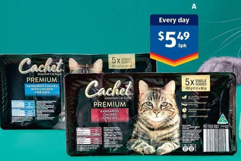 Cachet Premium Kangaroo Chunks for Cats 5 x 90g offer at ALDI