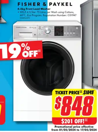 The Good Guys FISHER & PAYKEL 8.5kg Front Load Washer offer