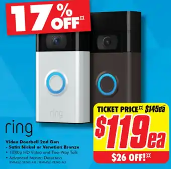 The Good Guys ring Video Doorbell 2nd Gen - Satin Nickel or Venetian Bronze offer