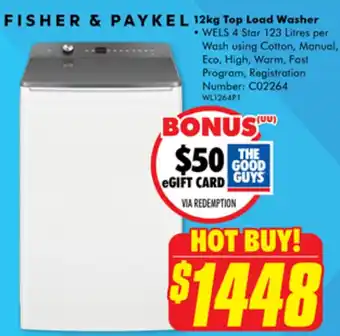 The Good Guys FISHER & PAYKEL 12kg Top Load Washer offer