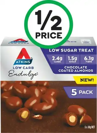 Woolworths Atkins Endulge Chocolate Coated Almonds 150g Pk 5# offer