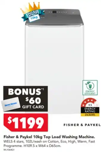 Harvey Norman Fisher & Paykel 10kg Top Load Washing Machine offer