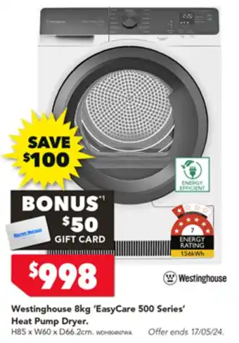 Harvey Norman Westinghouse 8kg 'EasyCare 500 Series' Heat Pump Dryer offer