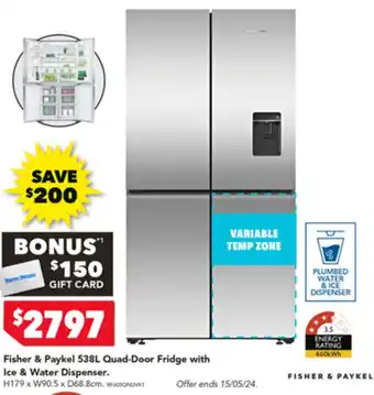 Harvey Norman Fisher & Paykel 538L Quad-Door Fridge with Ice & Water Dispenser offer