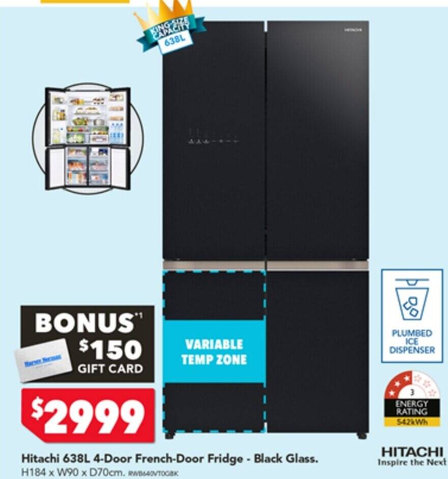 Hitachi 638L 4Door FrenchDoor Fridge Black Glass offer at Harvey Norman