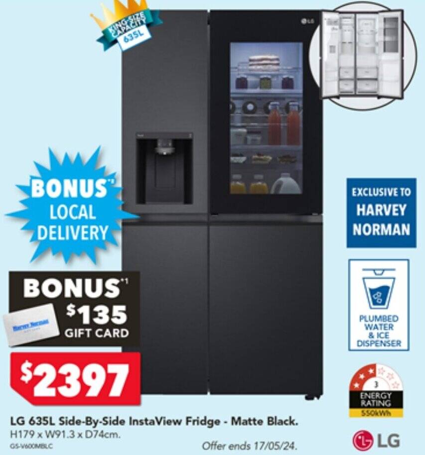 LG 635L SideBySide InstaView Fridge Matte Black offer at Harvey Norman