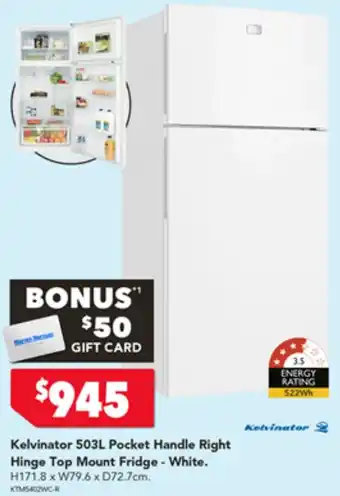 Harvey Norman Kelvinator 503L Pocket Handle Right Hinge Top Mount Fridge - White offer