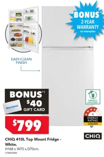 Harvey Norman CHIQ 410L Top Mount Fridge - White offer